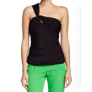L.A.M.B ruched one shoulder bustier halter top